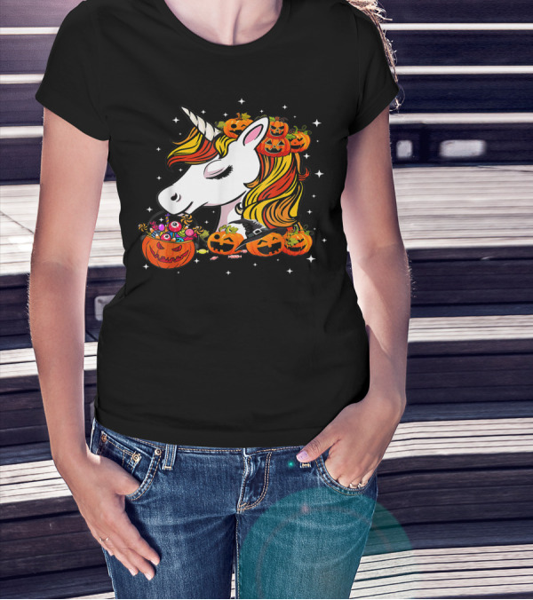 Candy Corn Unicorn Surrounded By Jack-O-Lanterns And Candy-Eyed Treats Halloween T-Shirt