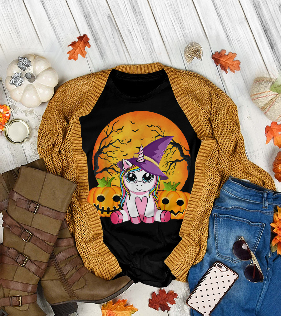 Witchy Unicorn Halloween with Pumpkins and Full Moon T-Shirt