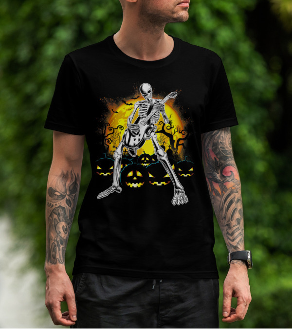 Skeleton Rocking Guitar Halloween Pumpkin Scene T-Shirt