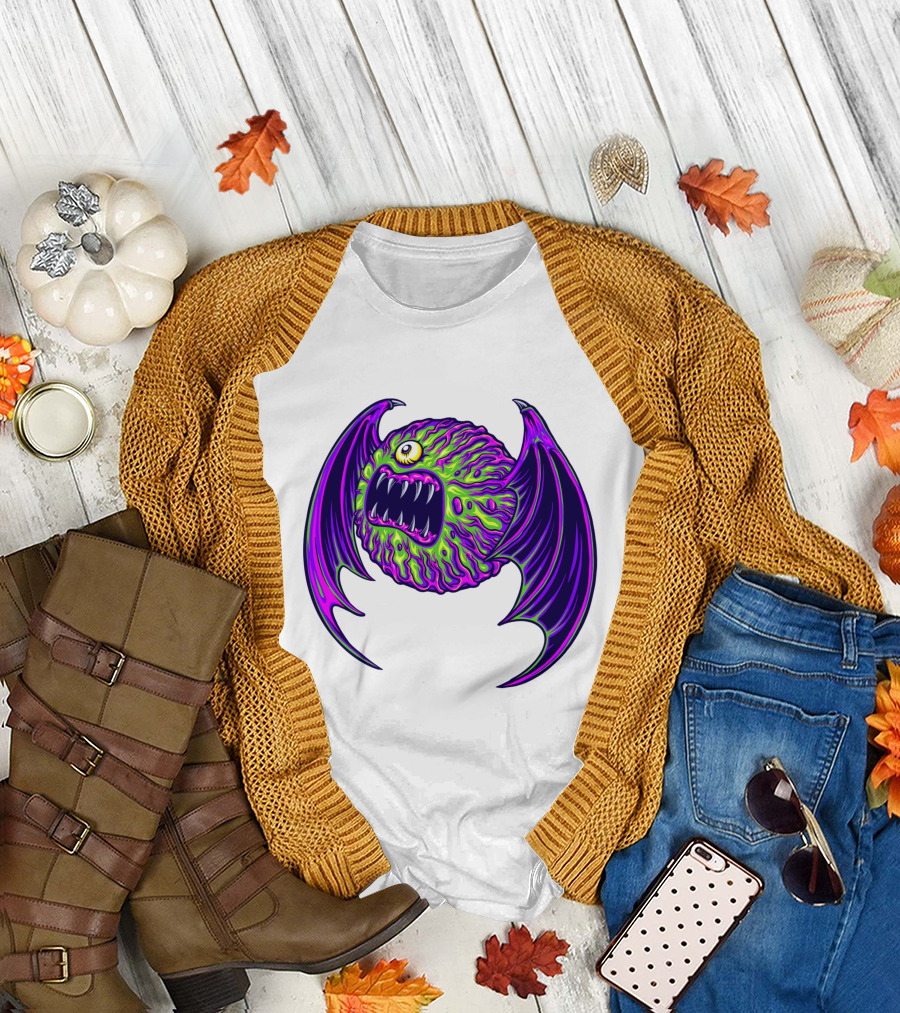 Scary Bat Zombie Monster With Glowing Green and Purple Wings T-Shirt