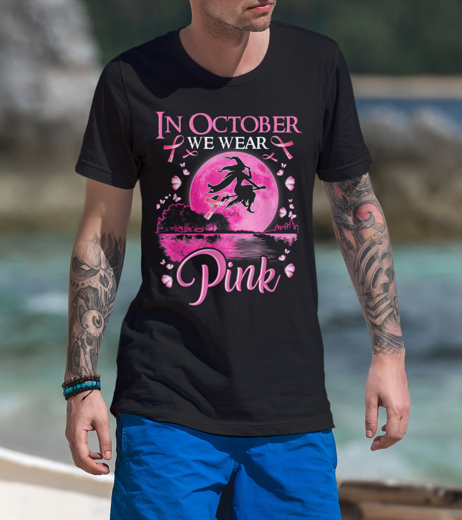 In October We Wear Pink Witch And Moon Breast Cancer Awareness T-Shirt