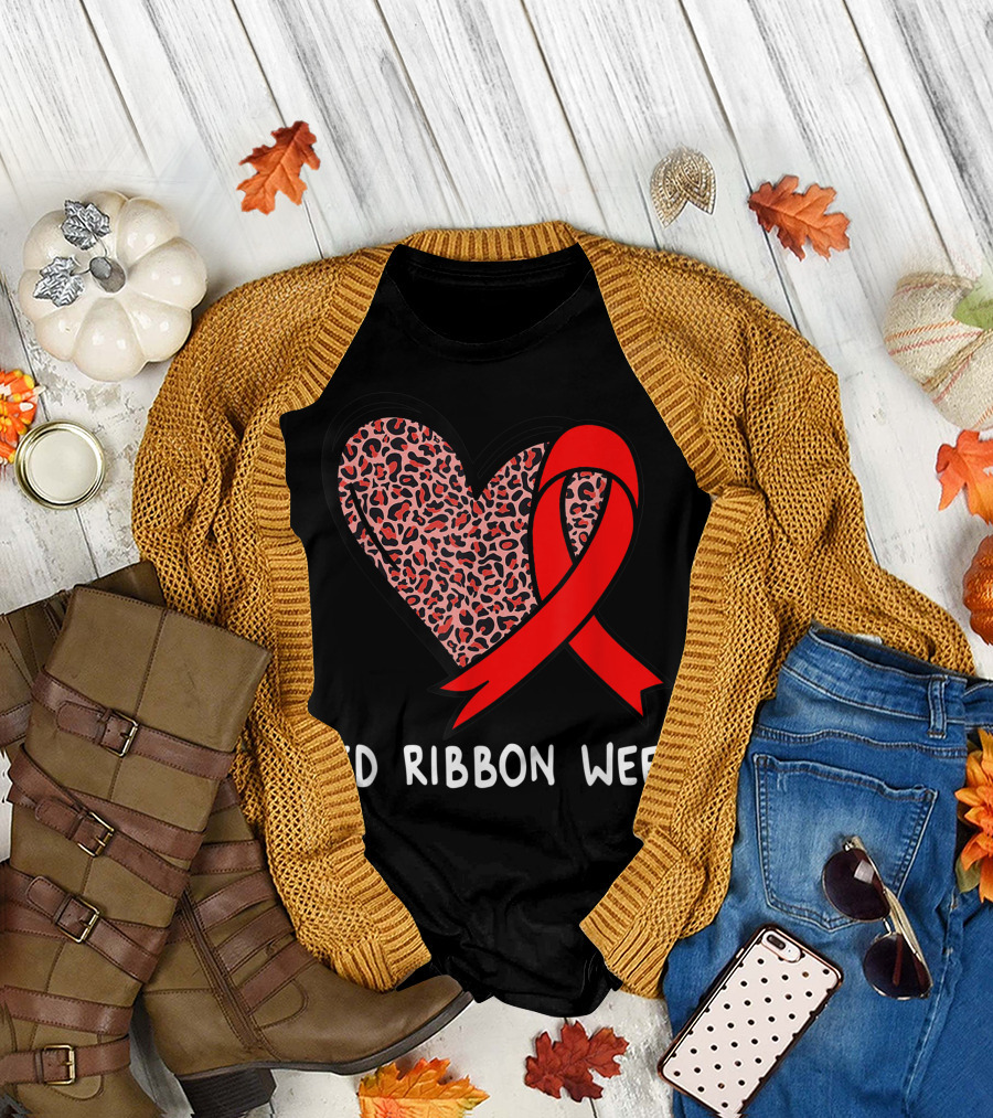Red Ribbon Week Leopard Print Heart T-Shirt