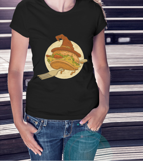 Hamburger With Witch Hat Riding A Fork In Front Of Full Moon T-Shirt