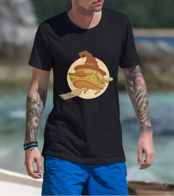 Hamburger With Witch Hat Riding A Fork In Front Of Full Moon T-Shirt