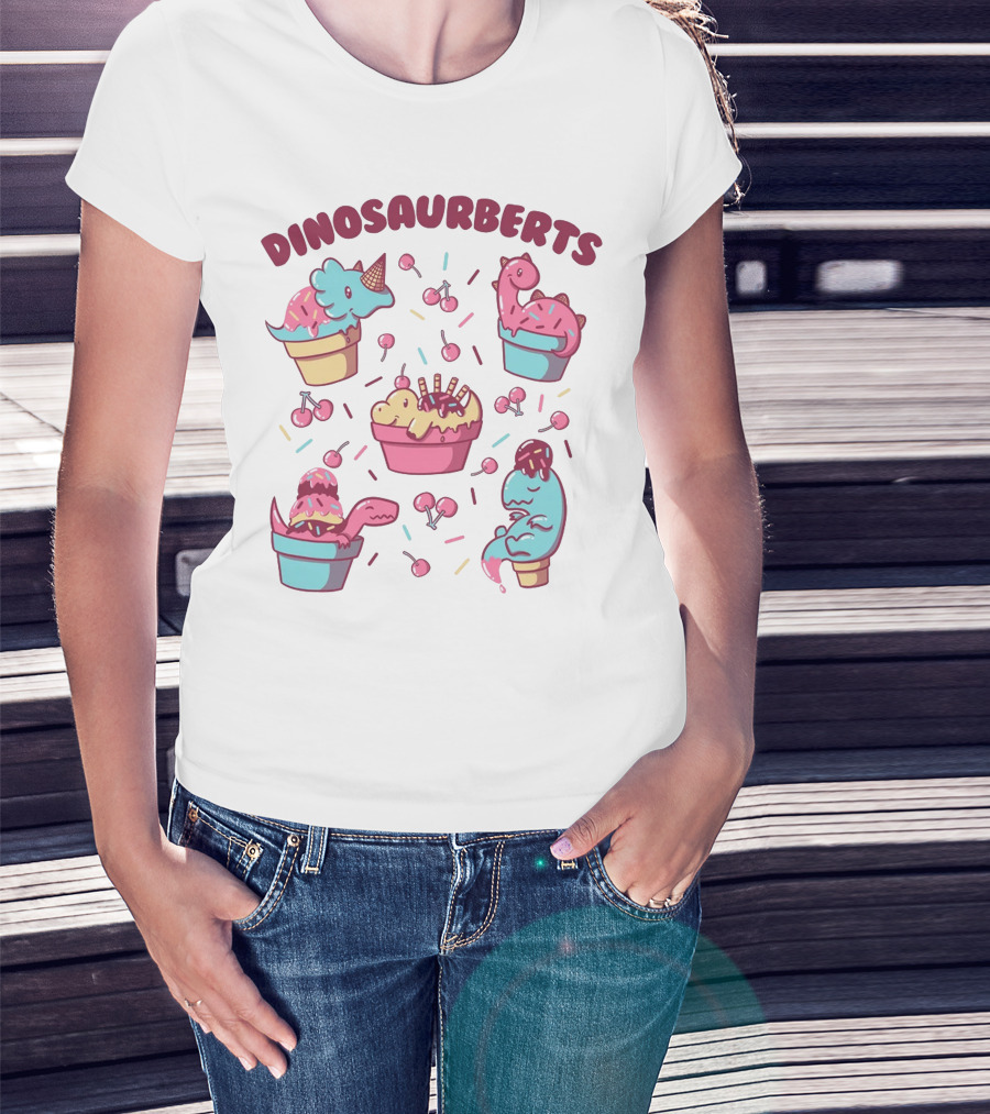 Dinosaurberts Kawaii Ice Cream And Cherries Delight T-Shirt