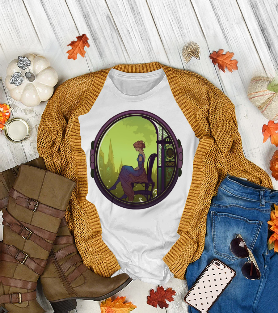 Mysterious Pensive Woman in Enchanted Gothic Cityscape T-Shirt