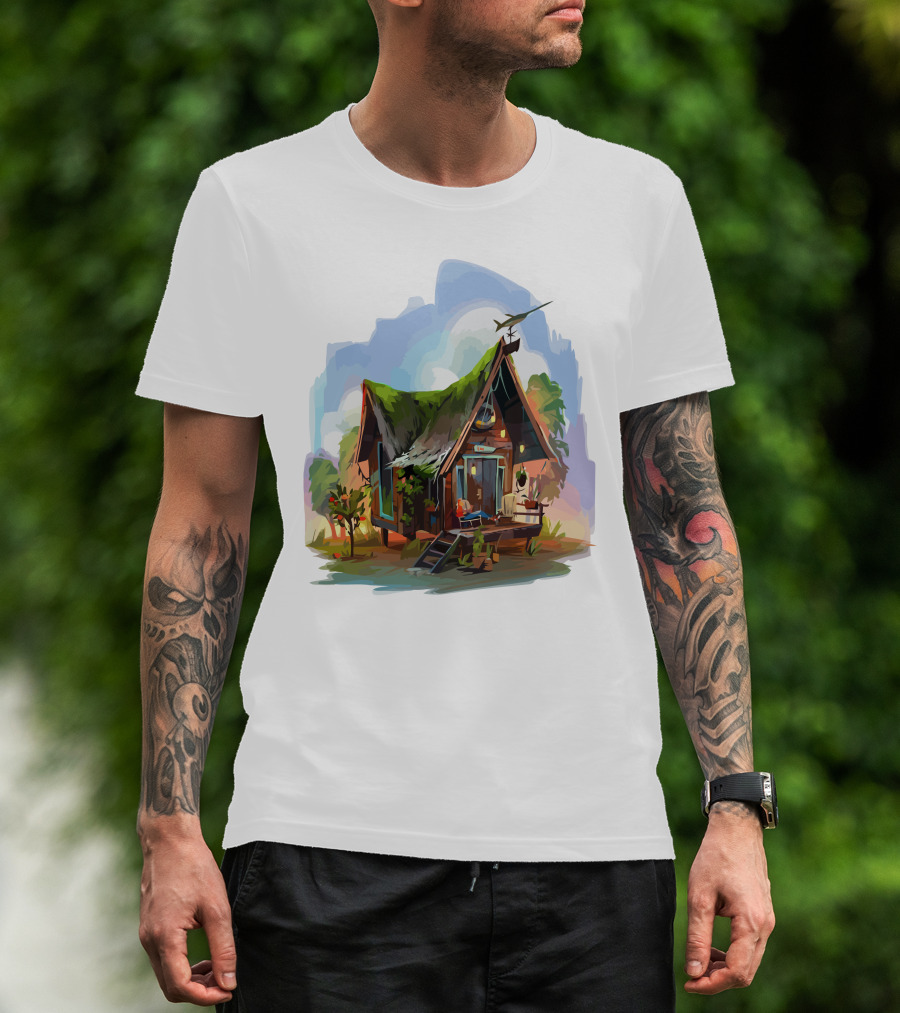 Dream House With Grass Roof And Airplane Sky Scene T-Shirt