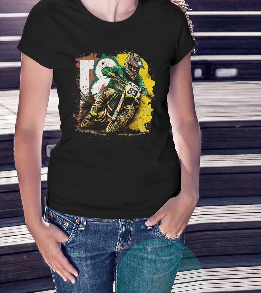 Motocross Racer Dynamic Action With Number 83 And Splatter Background T-Shirt