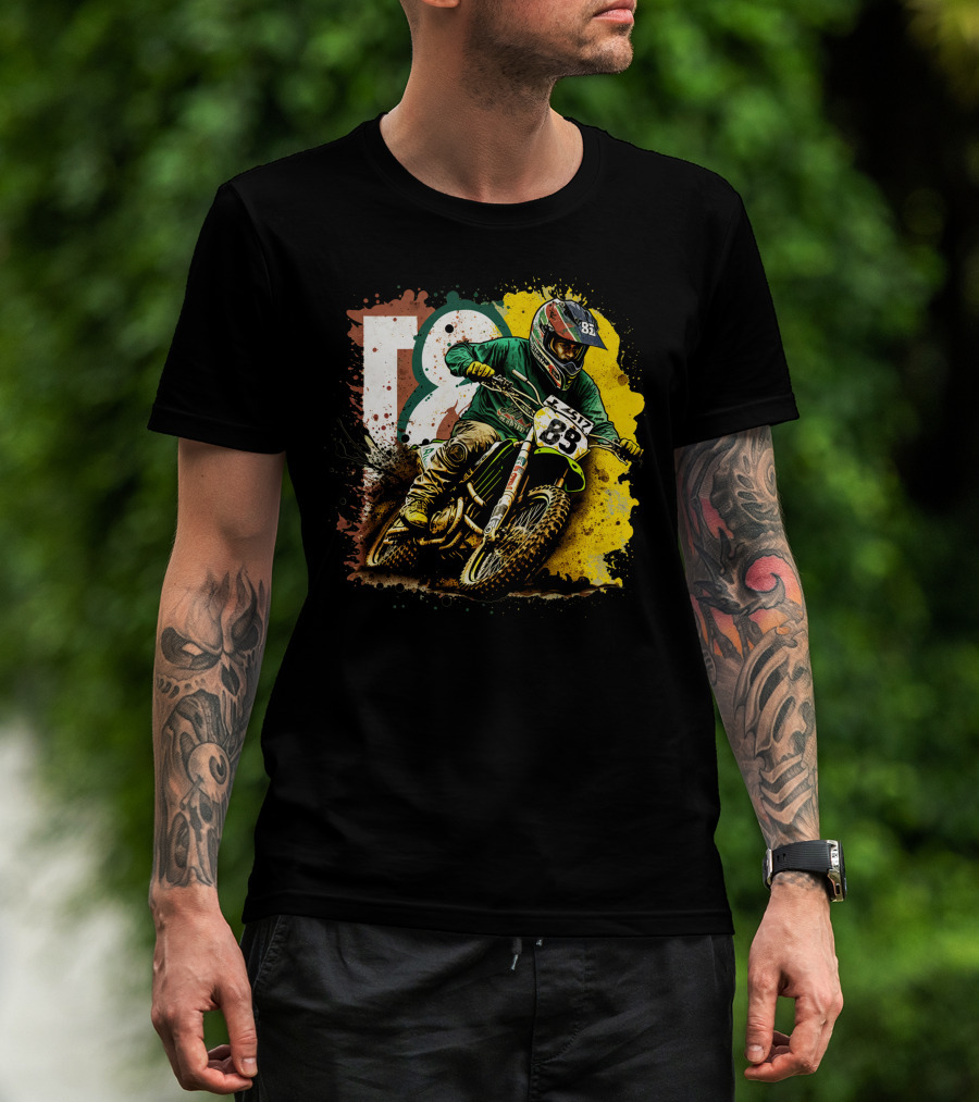 Motocross Racer Dynamic Action With Number 83 And Splatter Background T-Shirt