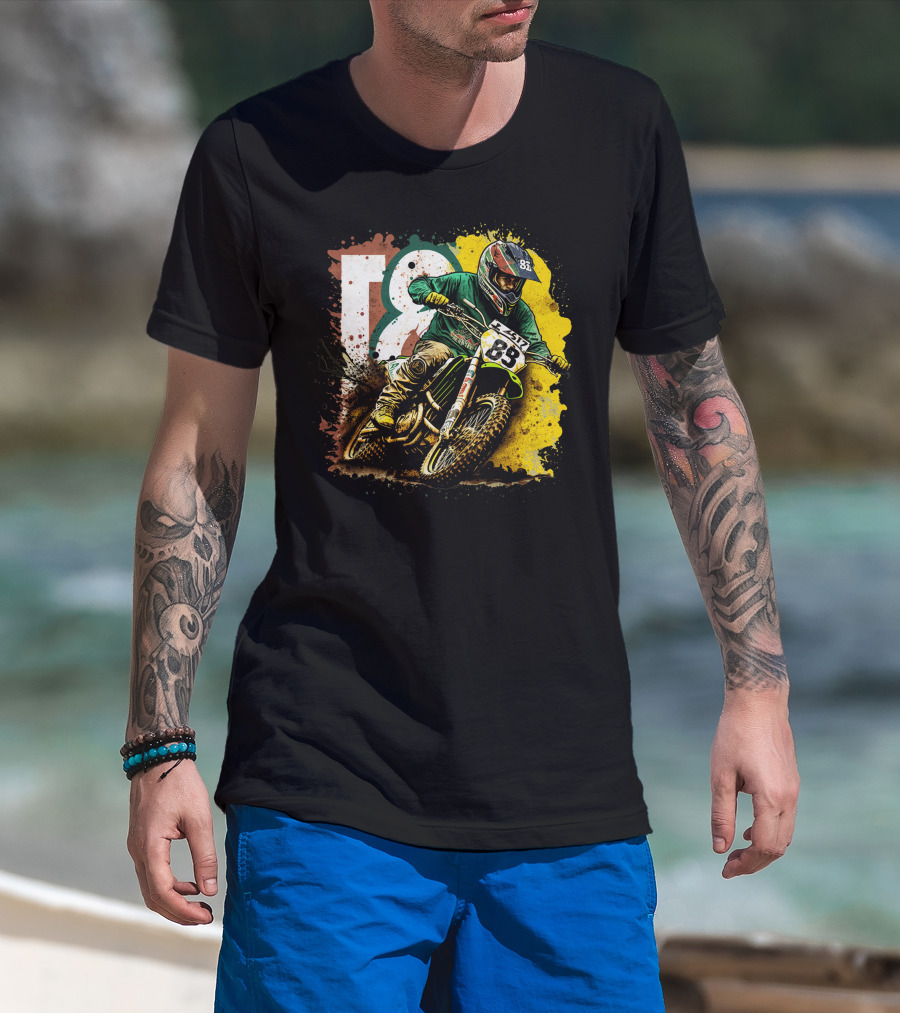 Motocross Racer Dynamic Action With Number 83 And Splatter Background T-Shirt