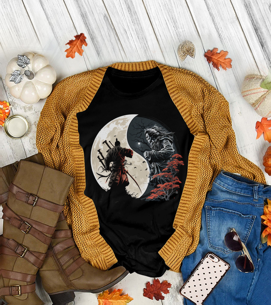Crescent Moonlight Samurai Yin Yang Duality Forest T-Shirt