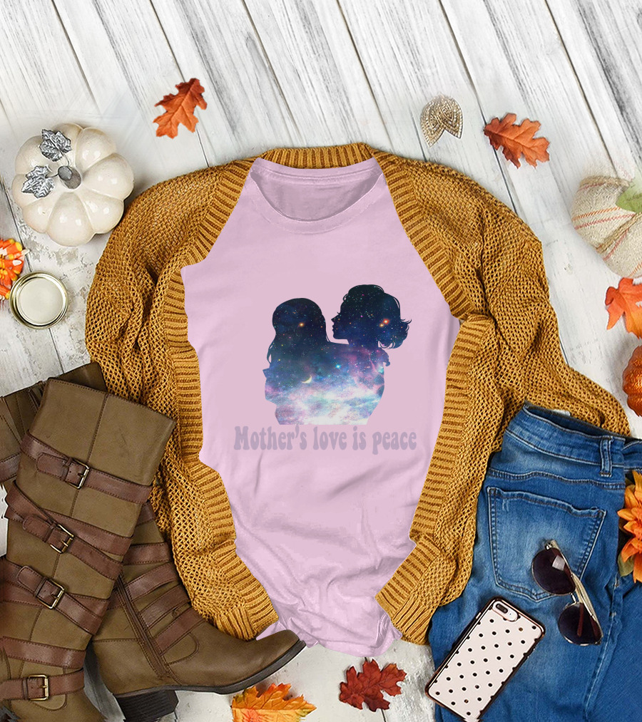 Mother's Love Is Peace Cosmic Silhouette on Pink Background T-Shirt
