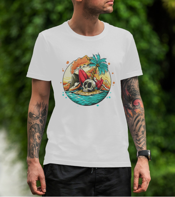 Summer Skull Island Paradise With Palm And Volcano T-Shirt