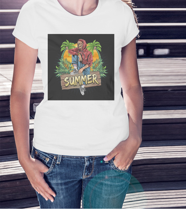 Skull Zombie Summer Tropical Vibes With Palm Trees And Sunset T-Shirt
