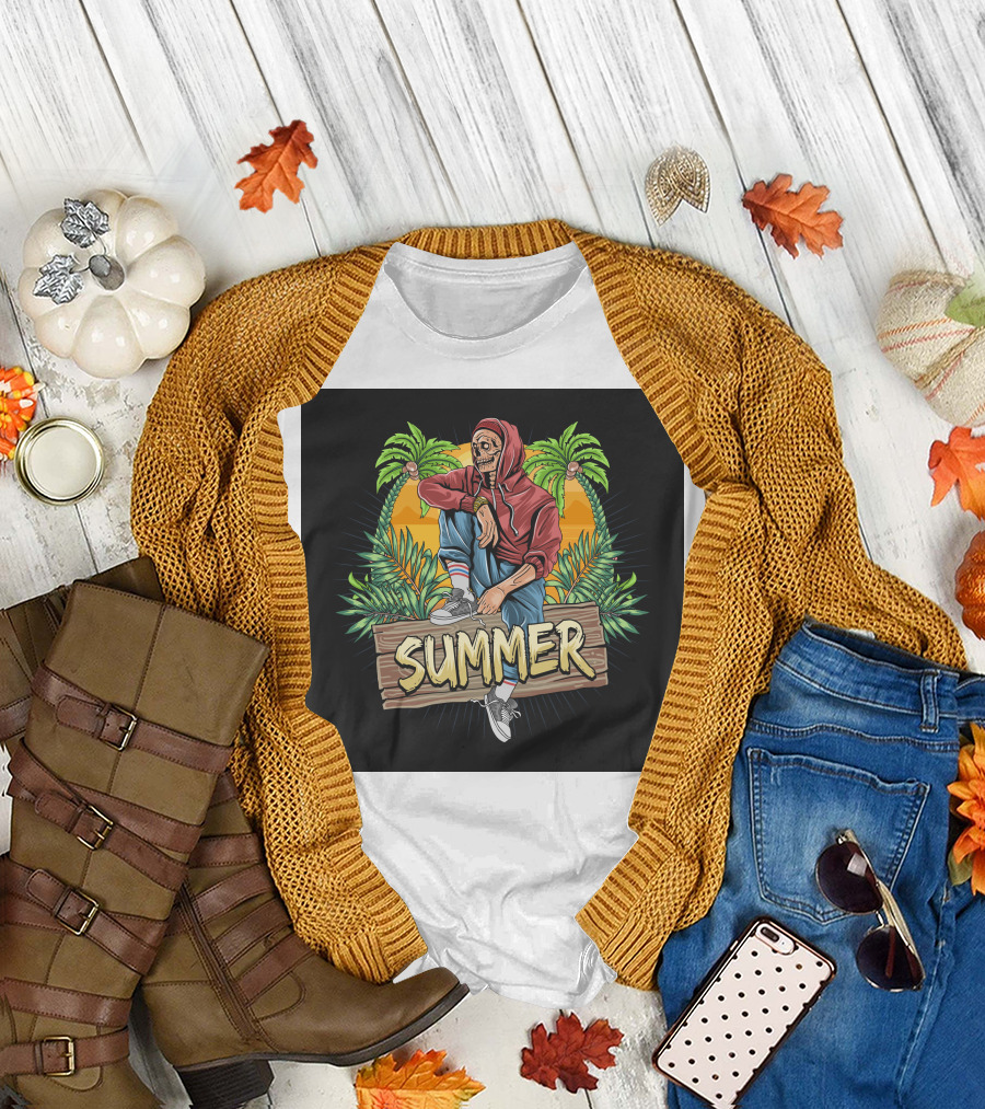 Skull Zombie Summer Tropical Vibes with Palm Trees and Sunset T-Shirt