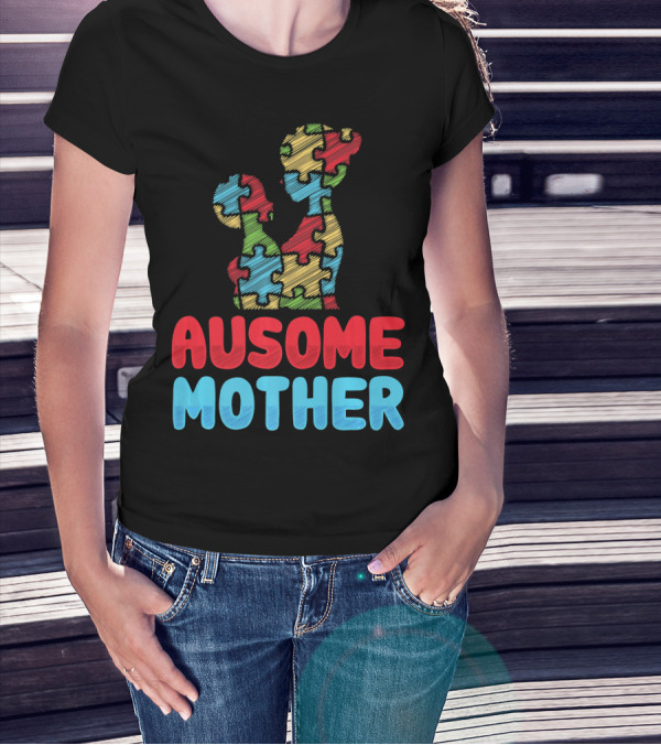Ausome Mother Colorful Puzzle Piece Autism Awareness T-Shirt