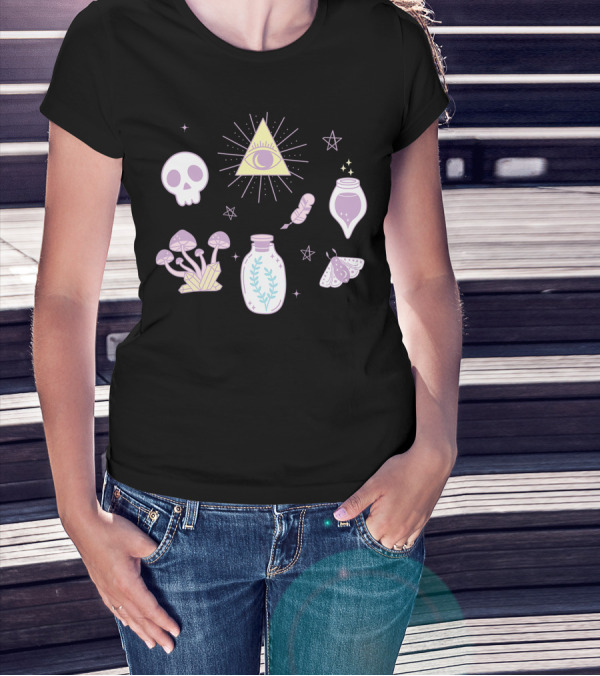 Cute Creepy Pastel Kawaii Goth Witch Aesthetic With Skull Pyramid Mushrooms And Potion Elements T-Shirt
