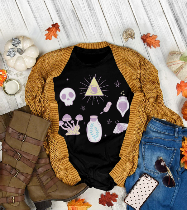 Cute Creepy Pastel Kawaii Goth Witch Aesthetic With Skull Pyramid Mushrooms And Potion Elements T-Shirt