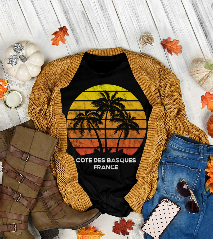 Cote Des Basques France Beach Vacation Palm Trees Sunset T-Shirt