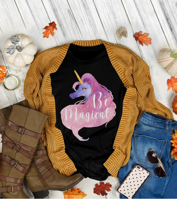 Be Magical Cute Unicorn Watercolor Pink Purple T-Shirt
