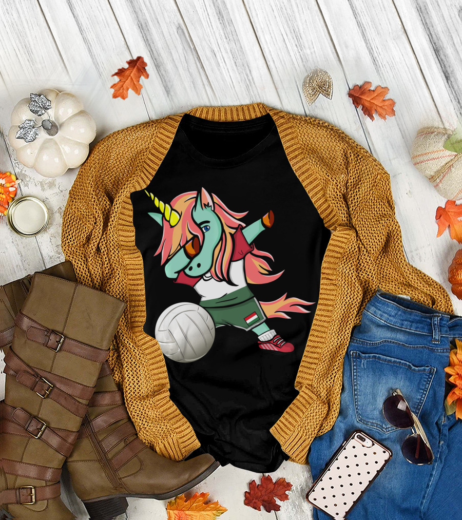 Dabbing Unicorn Hungarian Volleyball Lovers with Flag Jersey T-Shirt