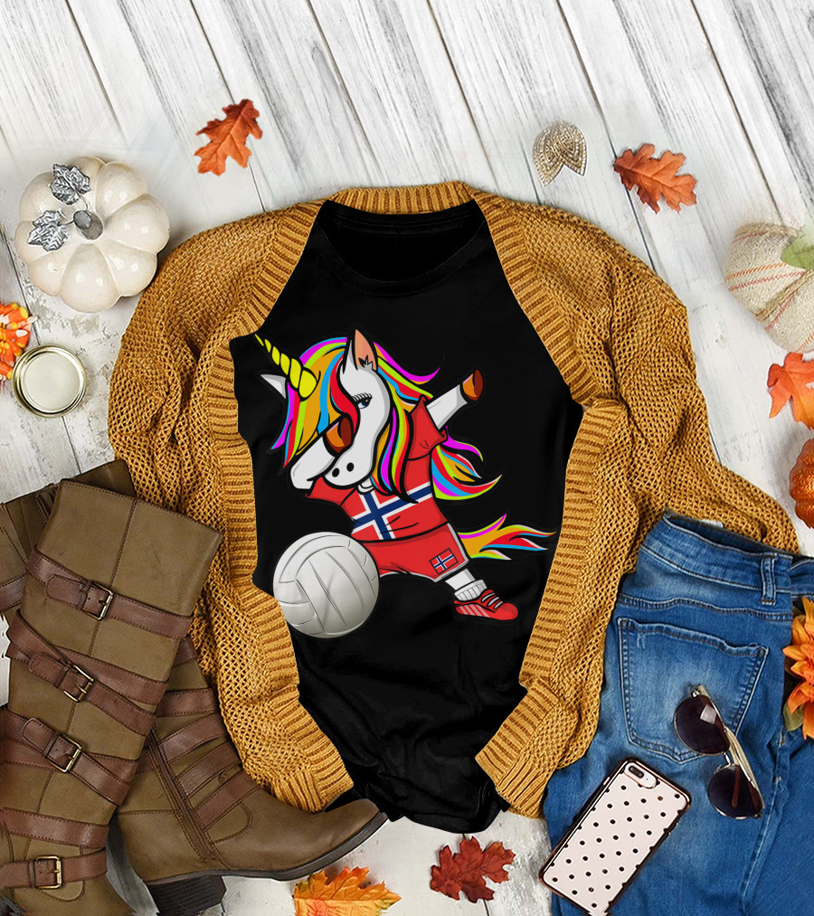 Dabbing Unicorn Norway Volleyball Fans Norwegian Flag Rainbow Jersey T-Shirt