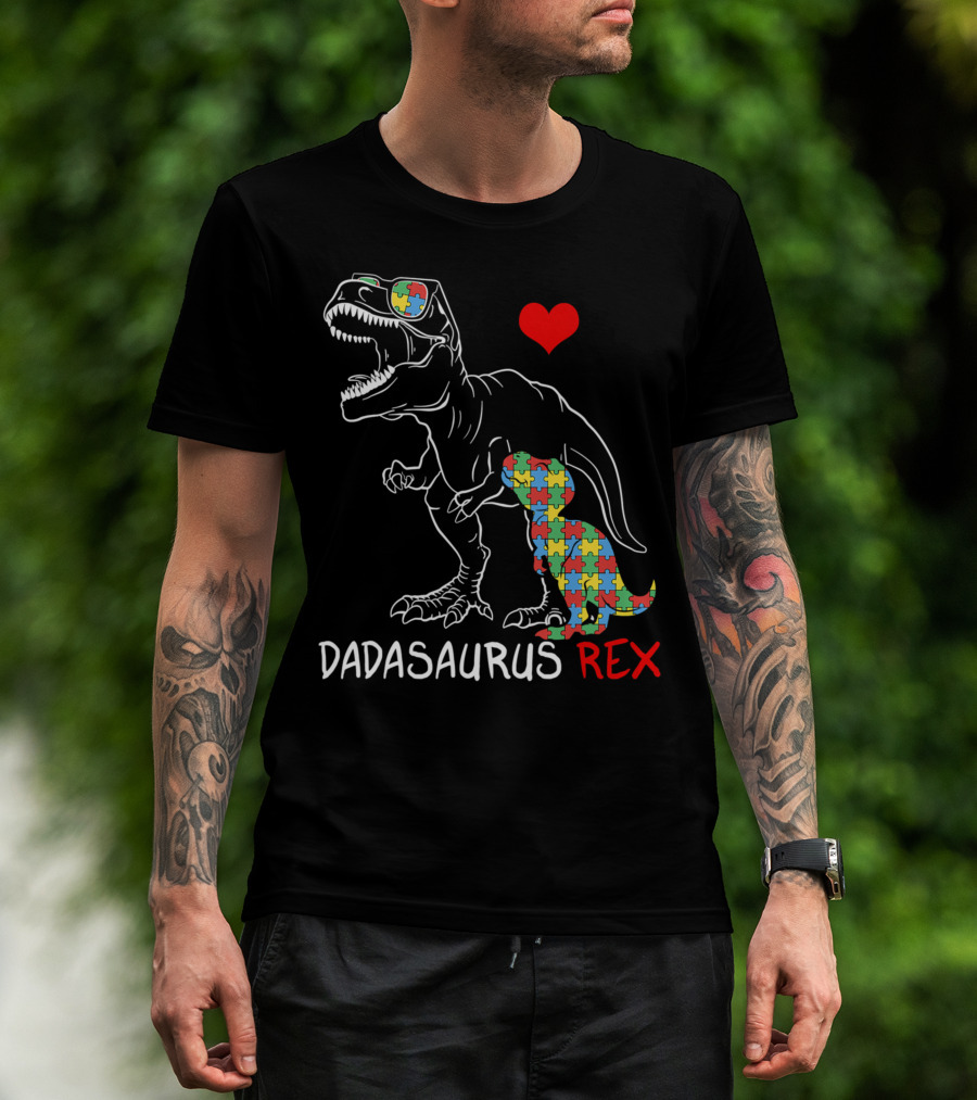 Dadasaurus Rex Heart Puzzle Autism Awareness Daddy T-Shirt