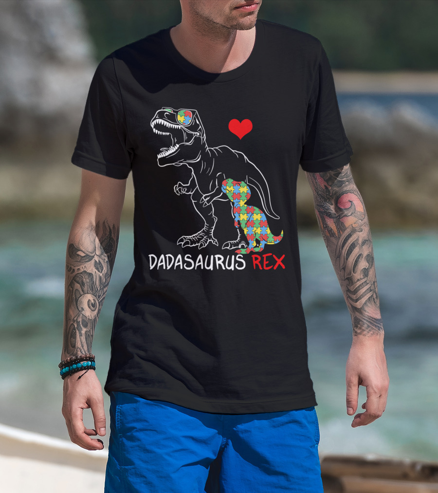 Dadasaurus Rex Heart Puzzle Autism Awareness Daddy T-Shirt