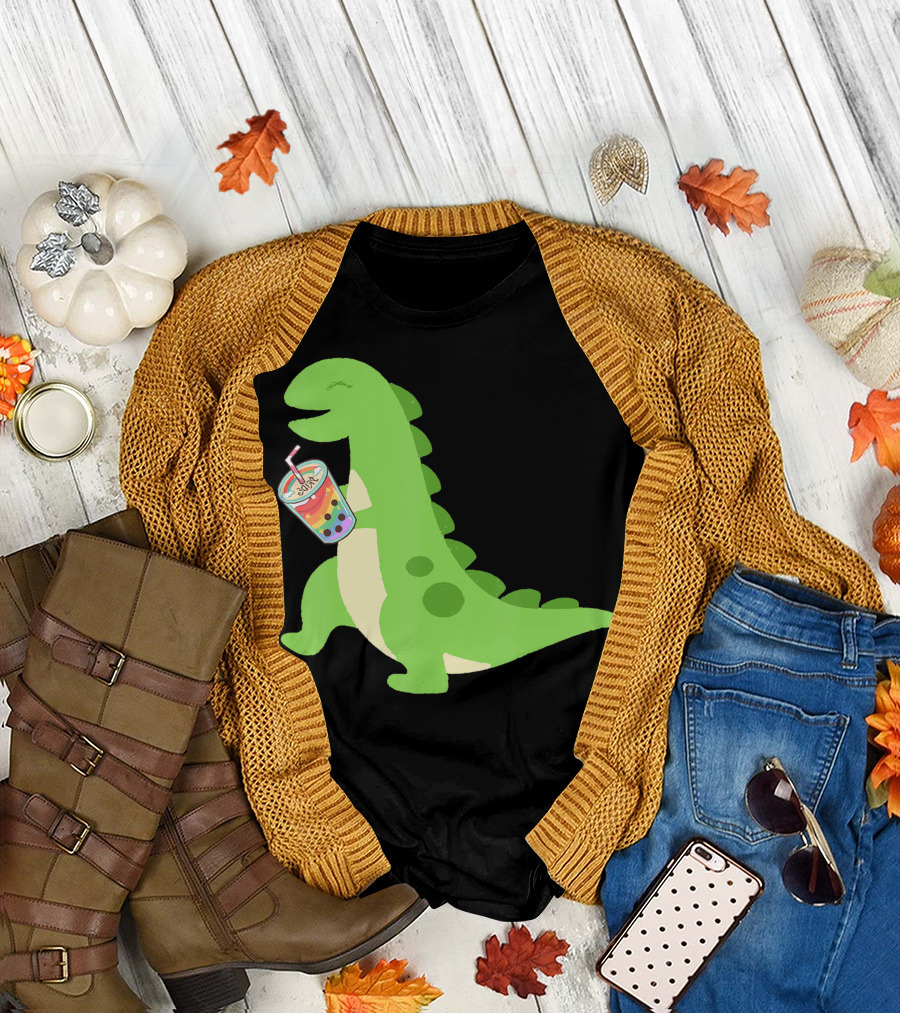 Dino Drinking Bubble Tea with Colorful Boba T-Shirt