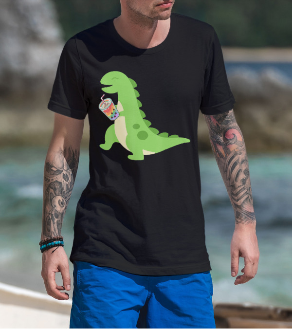 Dino Drinking Bubble Tea With Colorful Boba T-Shirt