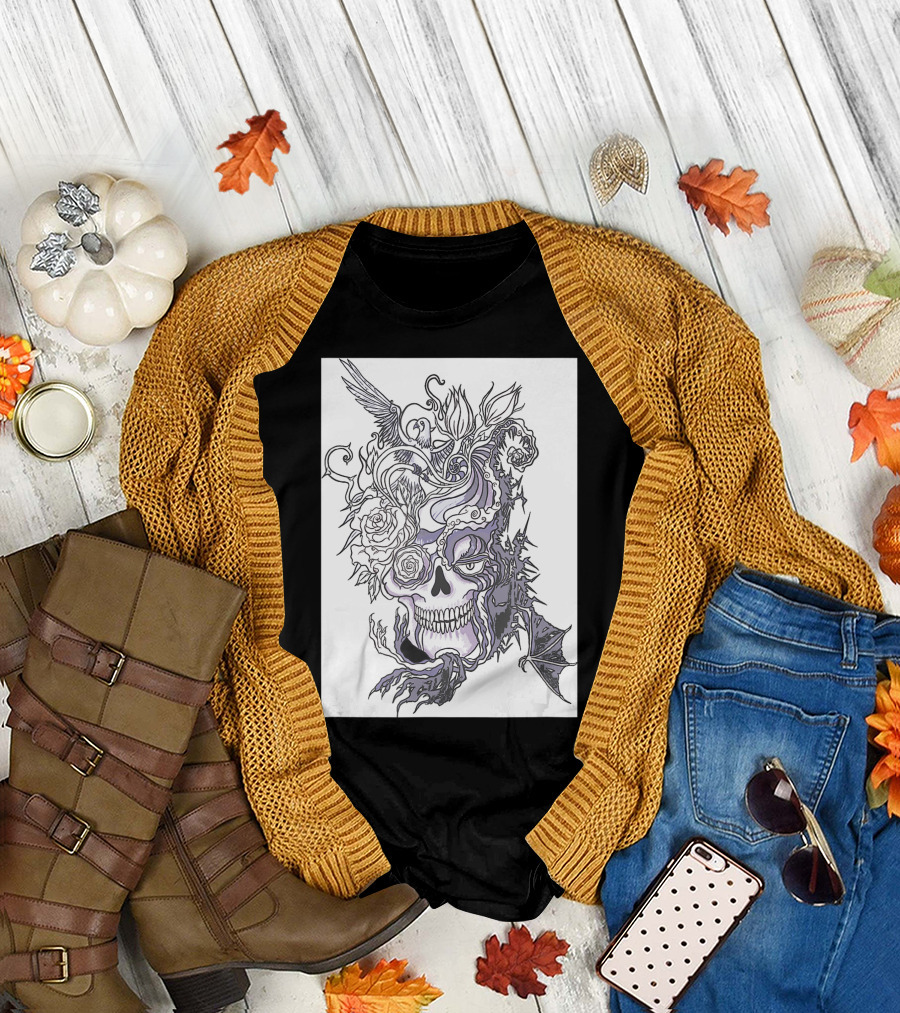 Evil Skull Bat Rose Wing T-Shirt