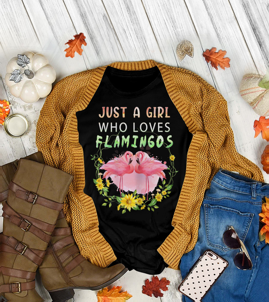 Just A Girl Who Loves Flamingos with Pink Flamingo Pair and Yellow Flowers T-Shirt
