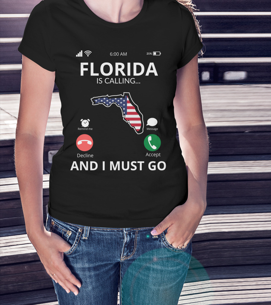 Florida Is Calling And I Must Go American Flag Florida Map T-Shirt