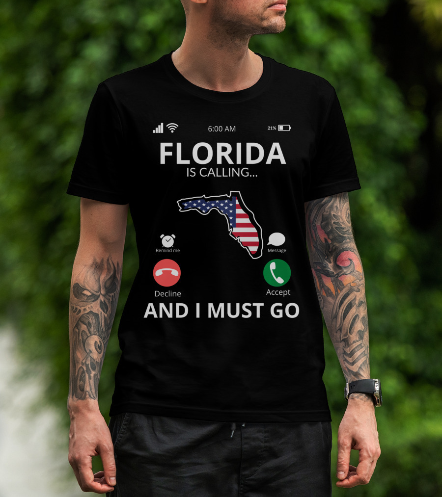Florida Is Calling And I Must Go American Flag Florida Map T-Shirt