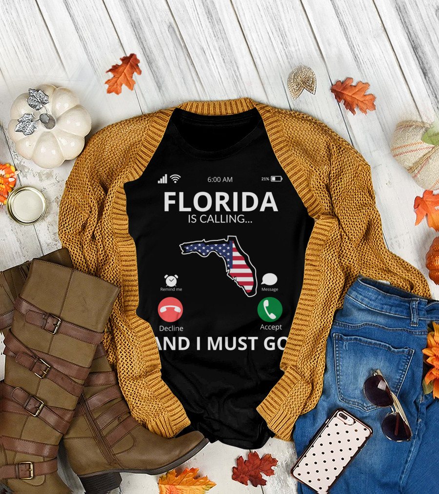 Florida Is Calling And I Must Go American Flag Florida Map T-Shirt