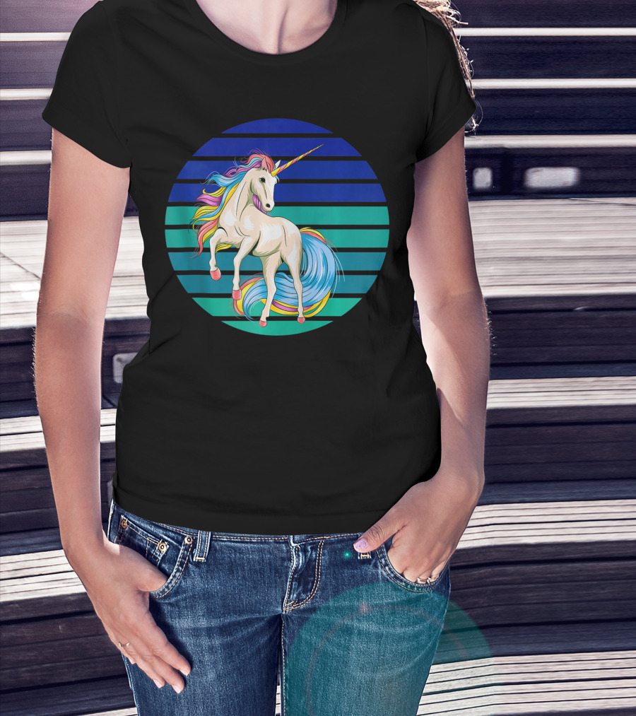 Girls Unicorn Rainbow Striped Sunset T-Shirt