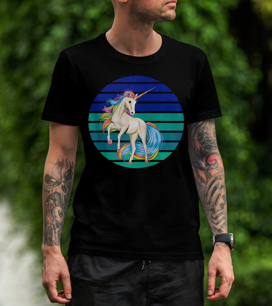 Girls Unicorn Rainbow Striped Sunset T-Shirt
