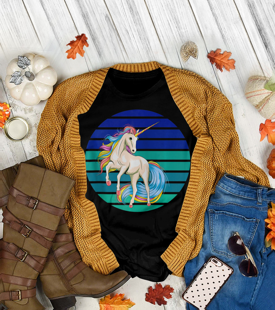 Girls Unicorn Rainbow Striped Sunset T-Shirt