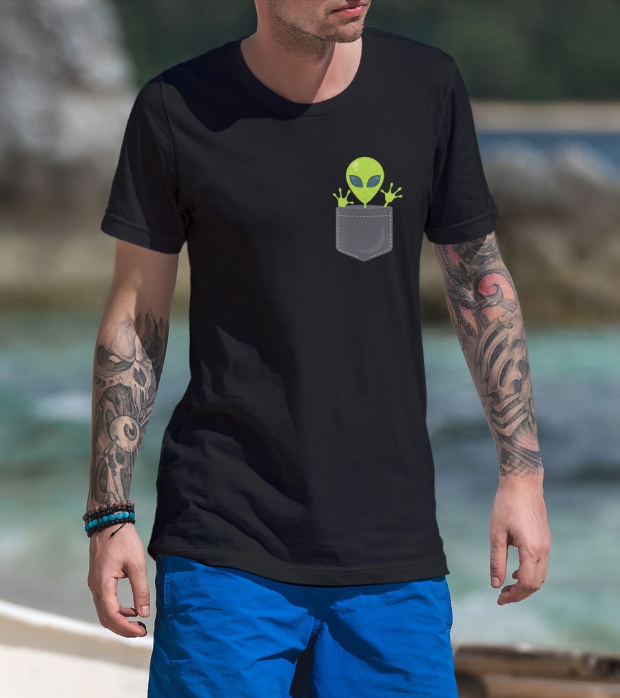 Green Cute Alien Peeking From Pocket T-Shirt