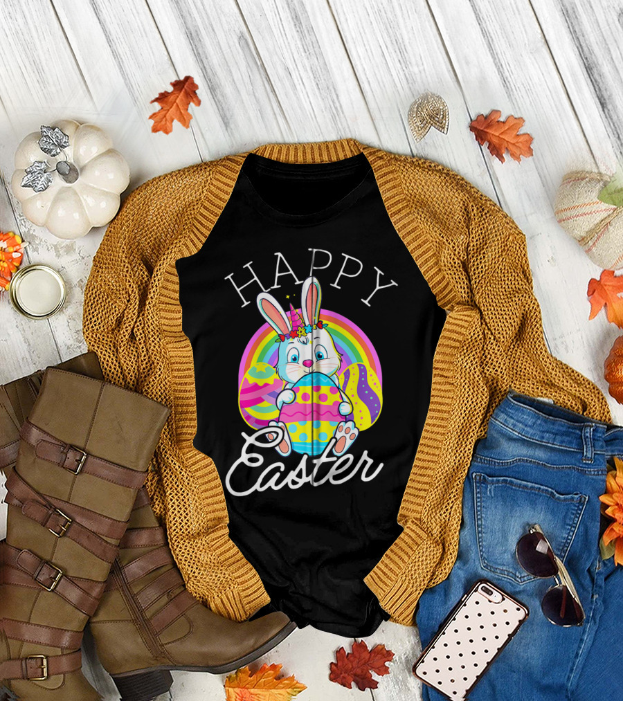 Happy Easter Unicorn Bunny Rabbit Eggs Rainbow Cute Kids Girls Women T-Shirt