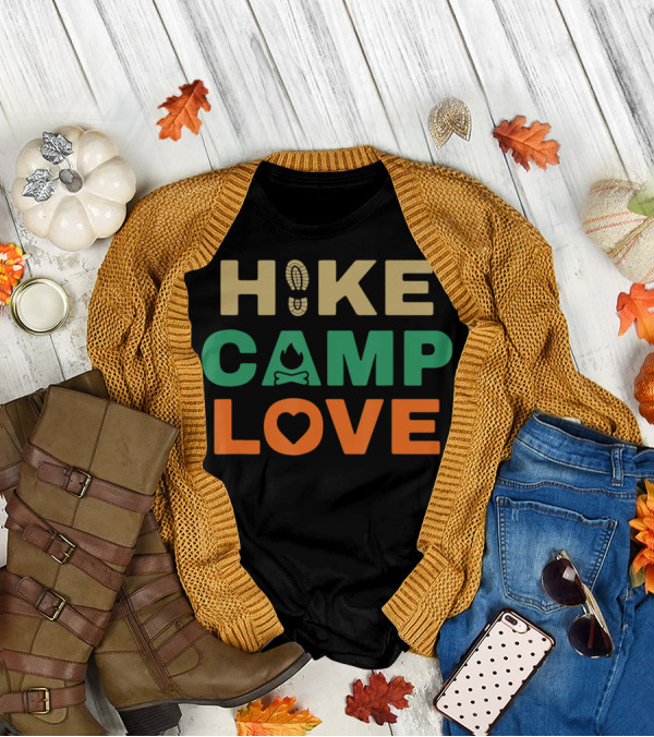 Hike Camp Love Boot Print Bonfire Heart Camping Hiking T-Shirt