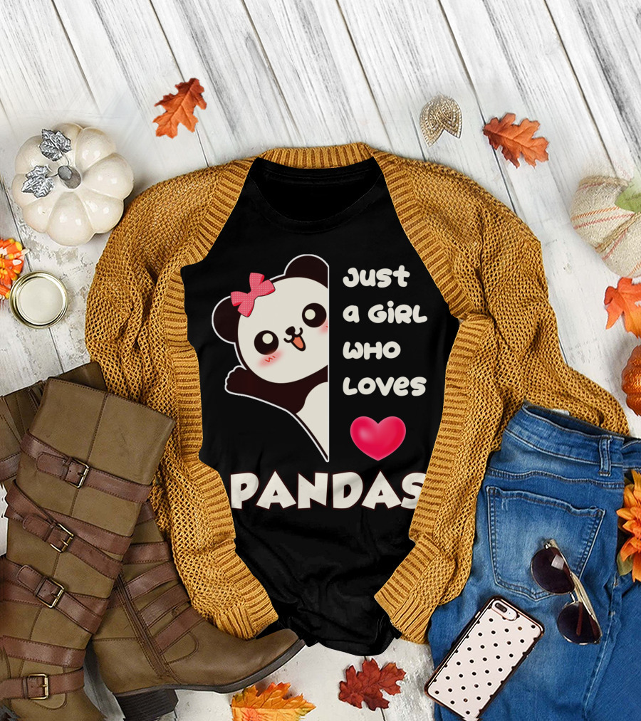Just A Girl Who Loves Pandas Cute Kawaii Panda with Red Bow and Heart T-Shirt