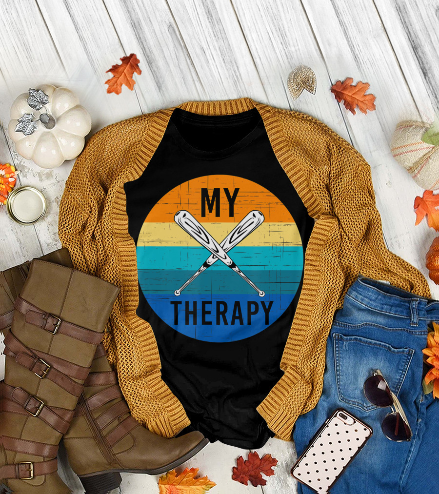 My Therapy Is Baseball American Baseball Fan Training Top Vintage Retro Crossed Bats T-Shirt