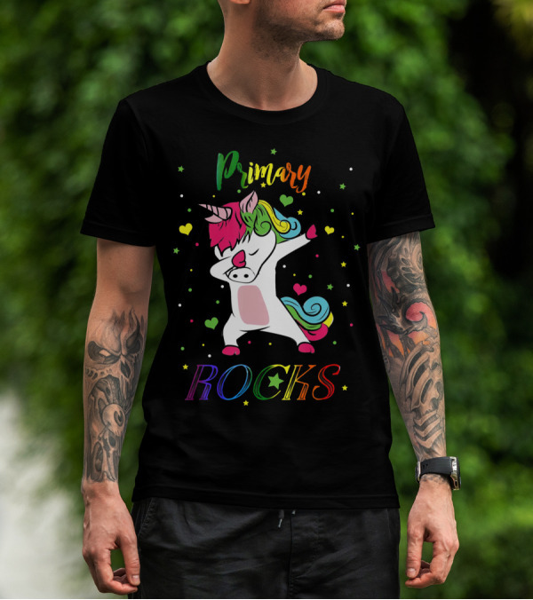 Primary Rocks Colorful Dabbing Unicorn With Hearts And Stars T-Shirt