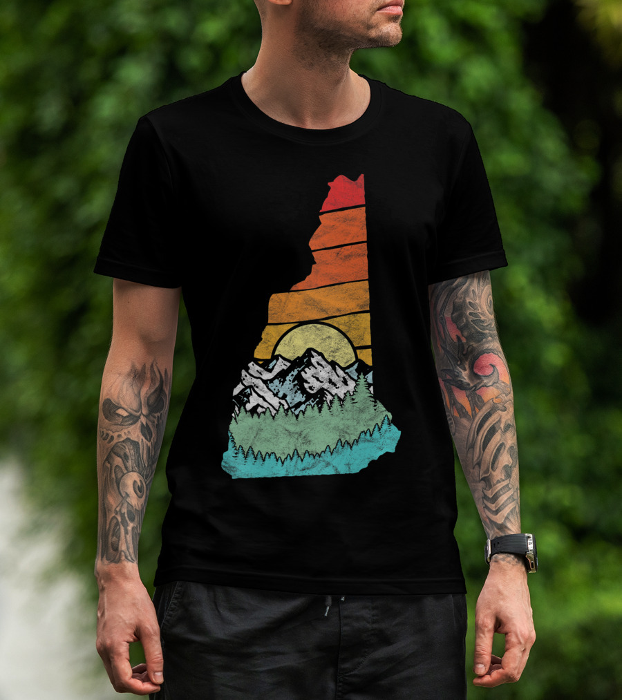 Retro New Hampshire State Outline With Mountains And Forest Sunset T-Shirt