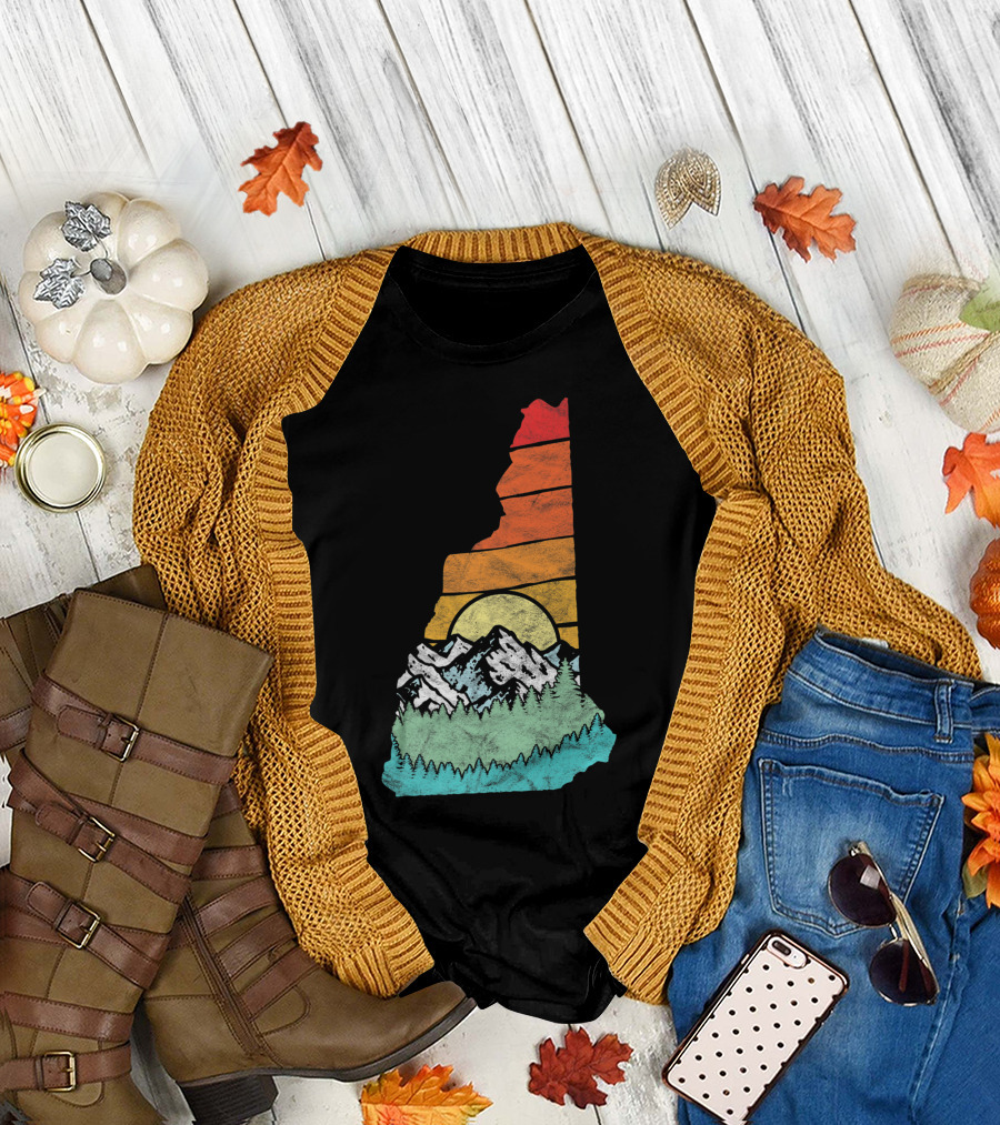 Retro New Hampshire State Outline with Mountains and Forest Sunset T-Shirt