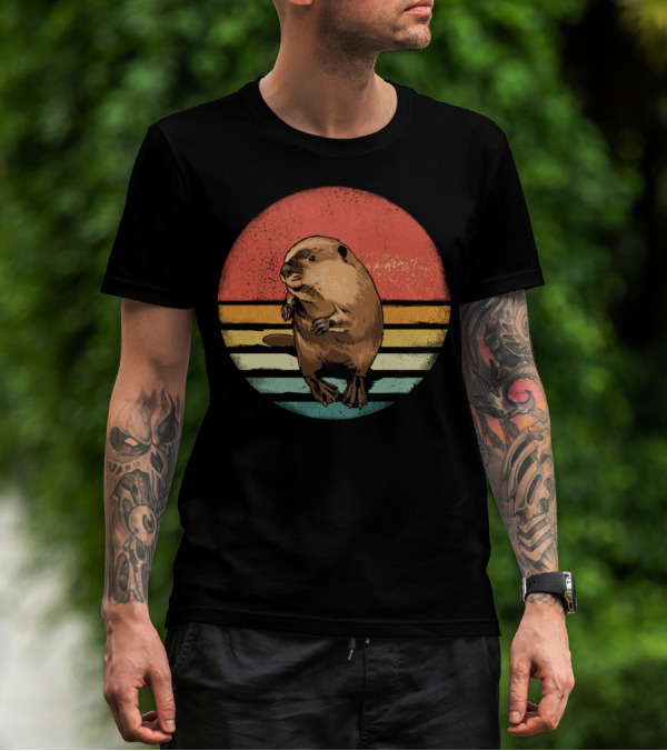 Retro Vintage Castor Nature Lover With Striped Sunset Circle T-Shirt