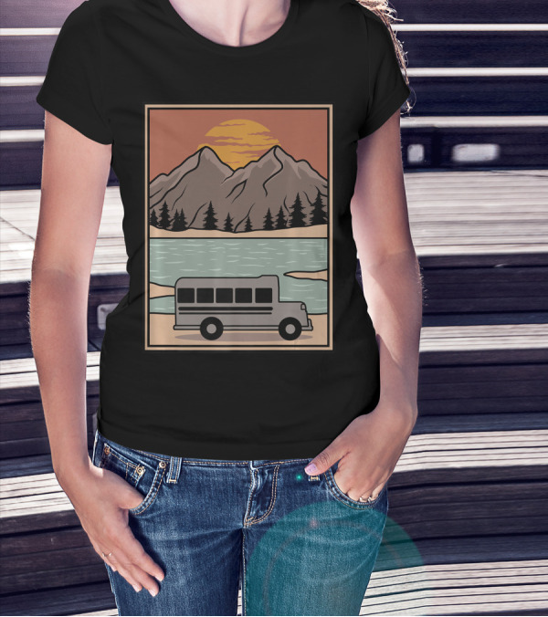 Vintage Skoolie Bus Conversion Scenic Mountain Lake Sunset T-Shirt