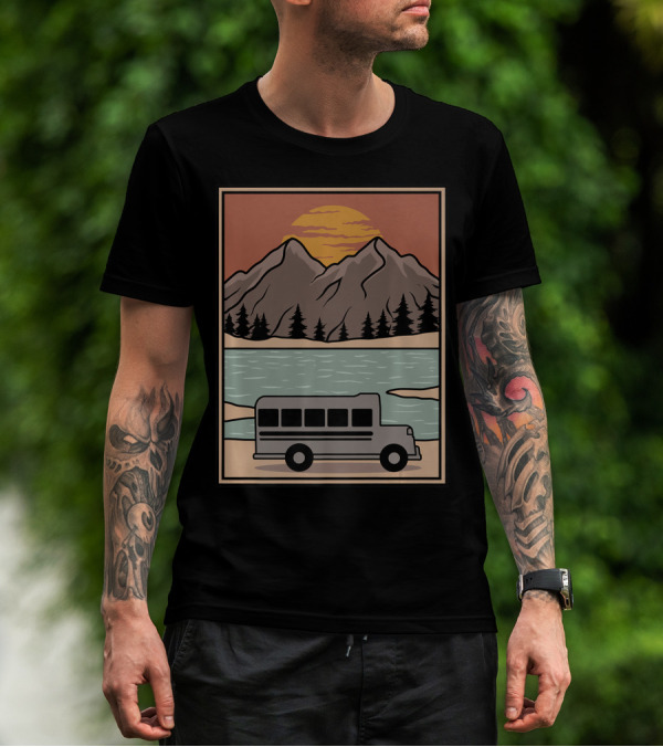 Vintage Skoolie Bus Conversion Scenic Mountain Lake Sunset T-Shirt