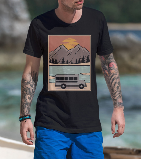 Vintage Skoolie Bus Conversion Scenic Mountain Lake Sunset T-Shirt